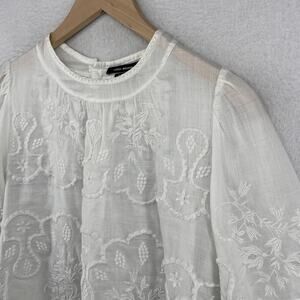 ISABEL MARANT Top 40 Embroidered Blouse Scalloped Back Button Puff Sleeve White